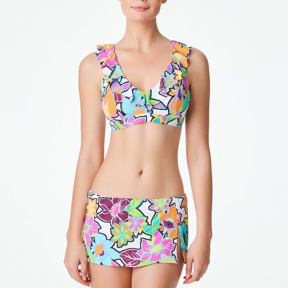 NWT Bleu Rod Beattie Color Crush Ruffled D Cup Bikini Top & Skirted Bottom Set